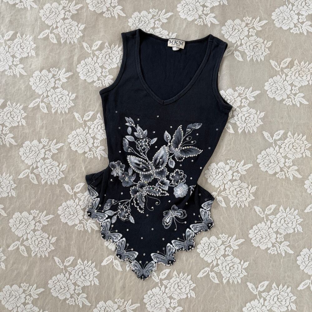 Vintage Y2K M.K.M Designs Butterfly Rhinestone Tank Top Size Small